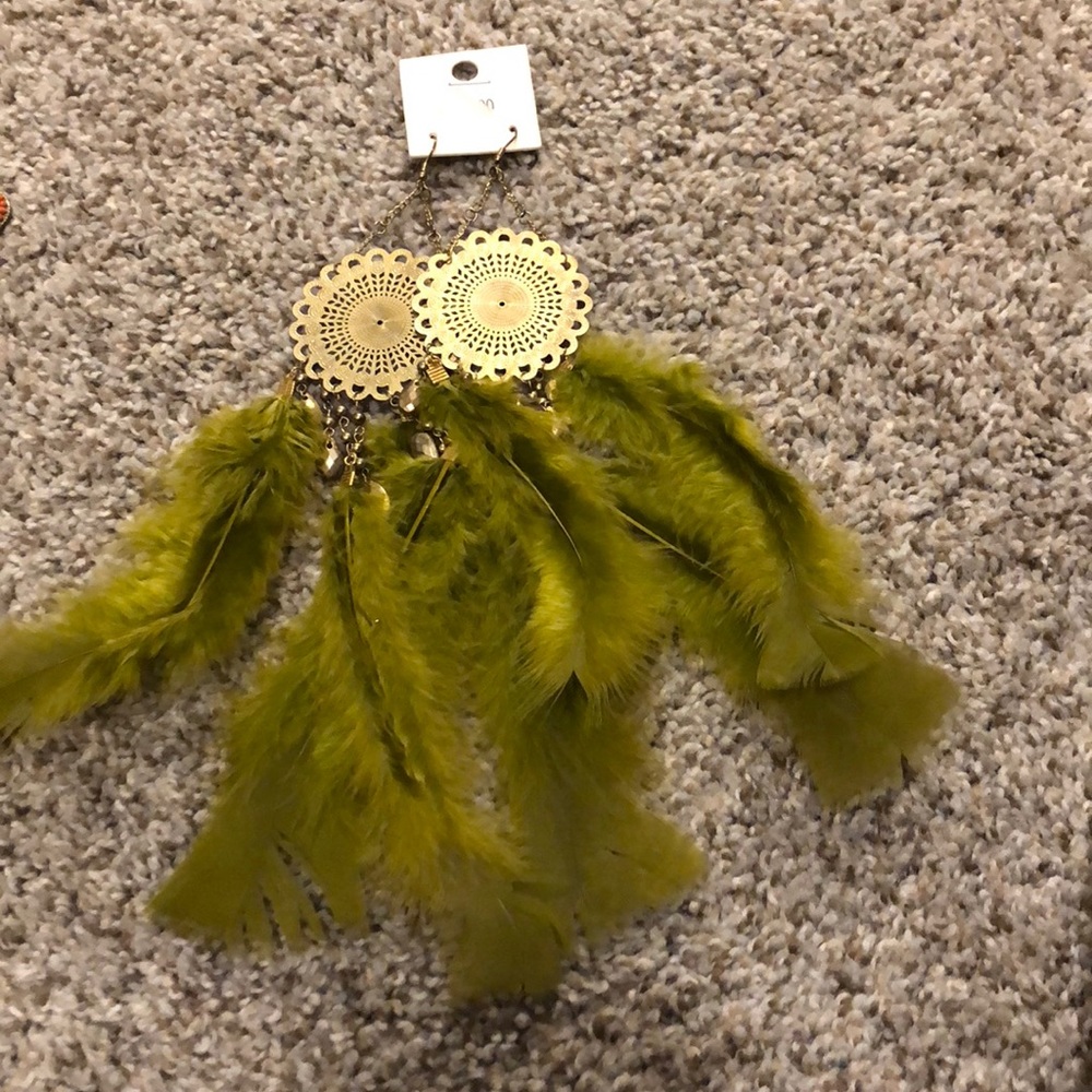 Olive Green Feather Earrings